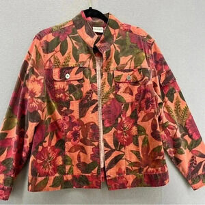 Chicos Fun Jacket Floral, tropical Print Open front, Denim, casual, vacation